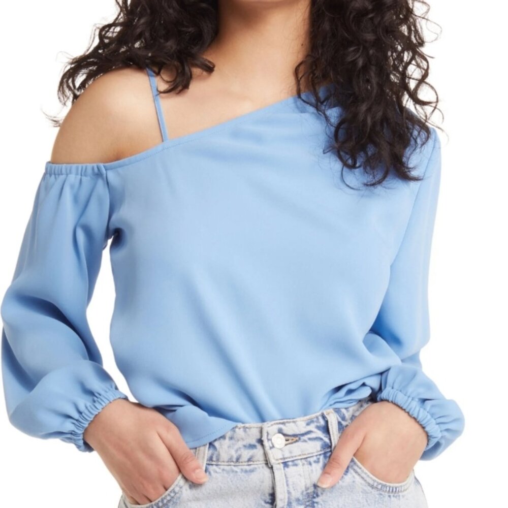 OPEN EDIT Women's NEW Pleated Asymmetric Top in Blue Lake | Size S - Picture 2 of 10